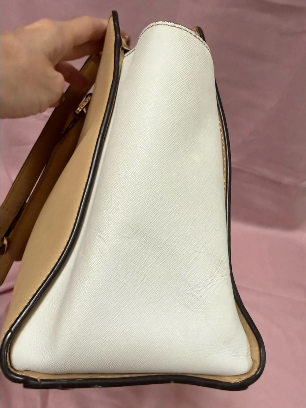 Michael Kors Selma Tan and White Saffiano Leather Satchel